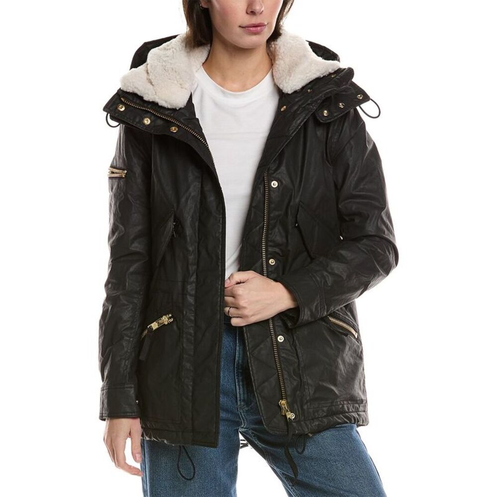 Sam. Womens Devon Shearling-Trim Coat, Black - Picture 1 of 3